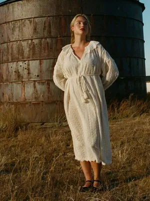 Doen Persephone Cream Eyelet Midi Dress with Tassel Belt in Magnolia NWT sz XXS thumbnail 2