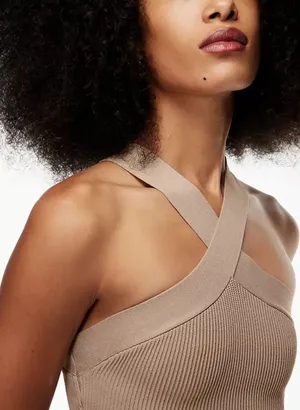 Aritzia Babaton Sculpt Beige Ribbed Knit Criss Cross Sleeveless Crop Tank Top XS thumbnail 1