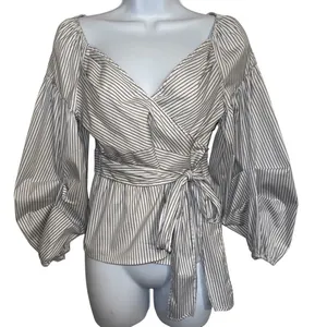 EXPRESS Belted Wrap Tie Top 3/4" Balloon Sleeves Cerulean Blue & White‎ NWOT S thumbnail 2