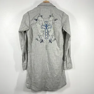Rock 47 by Wrangler Shirt Dress‎ Western Cross Embroidered Long Sleeve Gray S thumbnail 2