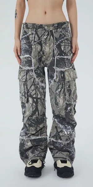 Made Extreme Jungle Camo Cargo Jeans Gray Green Loose Straight Streetwear 33x30" thumbnail 1