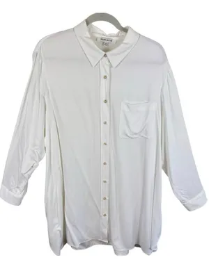 Rose + Olive White Long Roll Tab Sleeve Collared Lightweight Button Up‎ Tunic 1X thumbnail 1