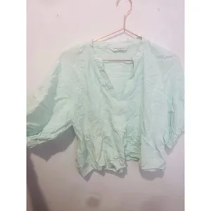 AMANDA UPRICHARD Light Blue Linen Blend Puff Sleeves Peplum Diego Top Size M thumbnail 4