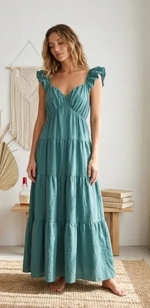 Davi & Dani Boho Minimalist Tiered Maxi Dress Teal Blue Flutter Sleeve Large thumbnail 1
