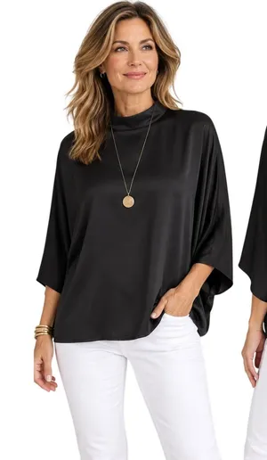 Chico's Black Label Black Satin Mock Neck Dolman Sleeve Blouse XL thumbnail 1