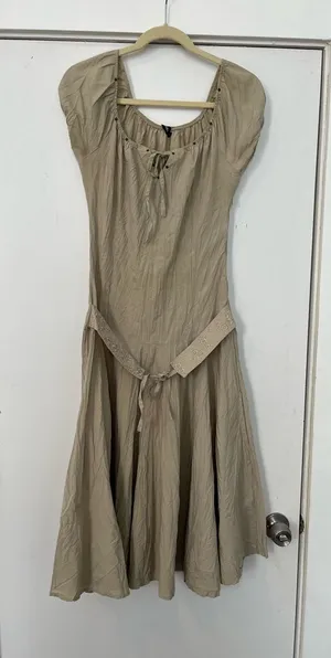Neutral Tan Boho Belted Dress Renaissance Fair gauzy retro medium flowy thumbnail 1
