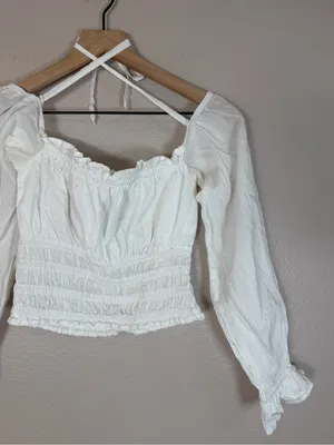 With Jean Fonda Top Long Sleeve Smocked Blouse White Small $219 thumbnail 11
