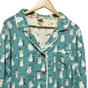 Munki Munki Womens Pajama Top XL‎ Teal Snowman Print Cozy Holiday Whimsy Lounge thumbnail 3