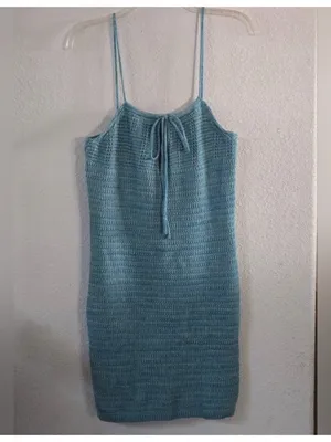 Olive + Oak Sz M Crochet Knit Mini Dress Marled Turquoise Tie Front Lined NWT thumbnail 4