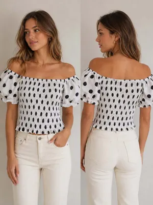 POL Women's Off-Shoulder Shirred Polka Dot Puff Sleeve Crop Top thumbnail 2
