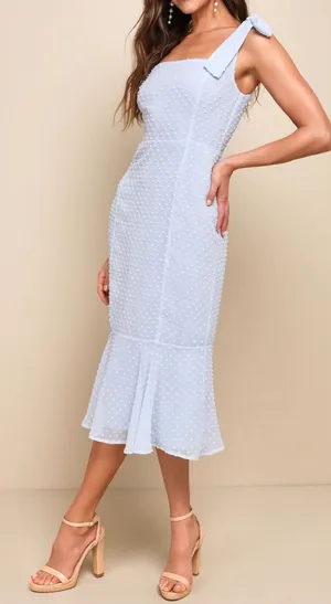 NWOT Lulus Size Small Bimini Periwinkle Blue Swiss Dot Tie-Strap Midi Dress thumbnail 1
