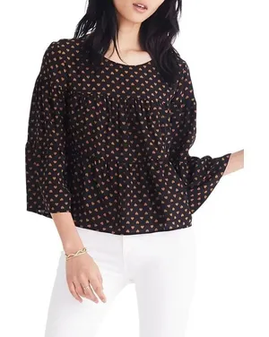 MADEWELL Silk Tiered Button-Back Top Heart Flip Black Gold 3/4 Sleeve Blouse siz thumbnail 1