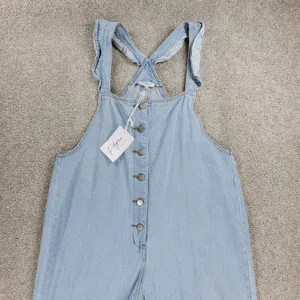 Polagram Overall Button Up Denim Jumpsuit Womens L Blue Light Wash Ruffle Straps thumbnail 16