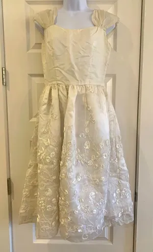 Ivory Satin Floral Embroidered‎ Organza Midi Dress Rosettes Beads Wedding Formal thumbnail 1
