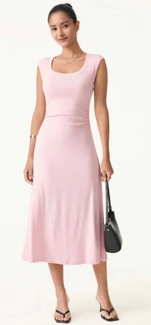 OGL Scoop Neck Side Ruched New Airy Bra Midi Dress Light Pink Size L NWT thumbnail 1
