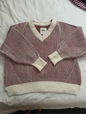 aerie beyond oversized chenille v neck sweater | rustic red thumbnail 2