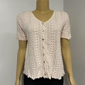 Y2K Retro Vintage 90s Pink Pointelle Knit crochet Cardigan Short Sleeve M stain thumbnail 2