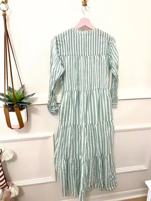 Pink City Prints Blue Green Stripe Long Sleeve Dress M Coastal Grandmother Cotta thumbnail 5