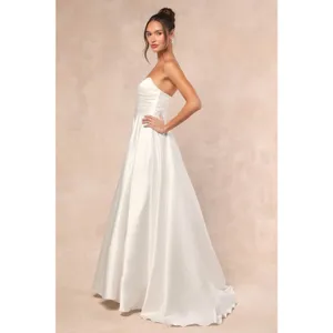 NWT Lulus Khalida White Satin Pleated Strapless Gown Wedding Bridal Dress Sz S thumbnail 4