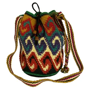 Boho Multicolor Woven Bucket Bag Crossbody Drawstring Ethnic Artisan Style Pink thumbnail 1