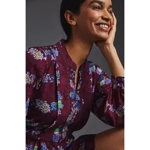 BY ANTHROPOLOGIE Mini Tunic Long Sleeve Dress Floral‎ Lace Trims Purple X-Small thumbnail 5