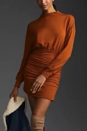 NWT Anthroplogie Daily Practice Ruched Cozy Dress Medium Brown Long Sleeve Fall thumbnail 1