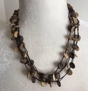 Triple strand earth tones necklace flat wooden circles boho hippie thumbnail 1