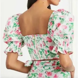 NWT Hill House Home‎ Puff Sleeve Floral Bow Crop Top in White/Pink thumbnail 2