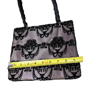 Victoria's Secret Pink Black Velvet Floral Flocked Evening Bag Satin Tote Handbag thumbnail 2