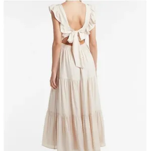 NWT Express Sz S Beige Tiered Ruffle Tie Back Sleeveless Maxi Summer Sun Dress thumbnail 2