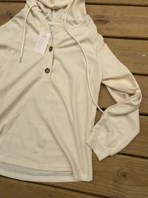 Women’s Small Cream Waffle Knit Hooded Henley Tunic Pullover Top NWT thumbnail 5