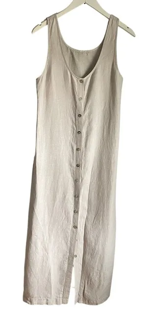 Beige Linen Midi Dress Women XS Capsule Minimalist Lagenlook Button Down Beachy thumbnail 1