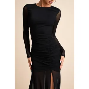 Lulus Vibrant Poise Black Mesh Ruched Maxi Dress Formal Evening Medium NWT thumbnail 5