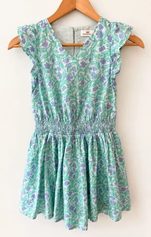 Vineyard Vines Girls Medium Floral Dress Mint Purple Smocked Waist Lined thumbnail 1