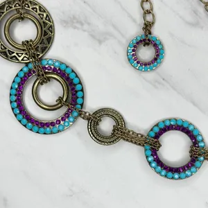 Blue Purple Rhinestone Studded Gold Tone Circle Chain Belt S/M Small Medium ✨ thumbnail 7