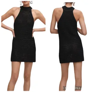 Mango Black Metallic Knit Halter Mini Dress XS Open Crochet Shimmer thumbnail 2