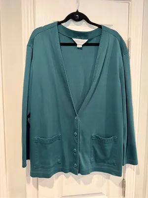 Lands End Size L Green 100% Cotton Button Front Cardigan Sweatshirt Pockets thumbnail 1