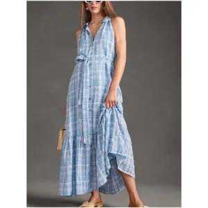 Anthropologie Blue White Plaid Button Front Tiered Midi Dress Sz S Halter Neck thumbnail 7