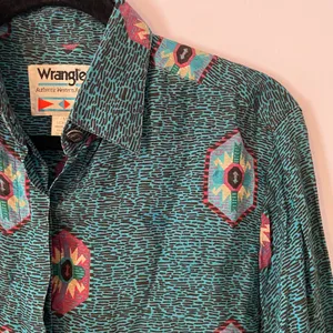 Wrangler Authentic Western Blue Aztec Print Vintage Button Down Shirt Medium thumbnail 3