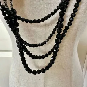 Long multi strand black beaded flower necklace thumbnail 3