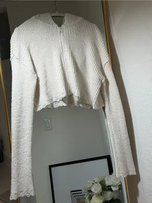 Moon & Madison Knit Hooded Zip Women Sweater in Off-White - L thumbnail 1