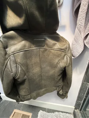 GUESS Olive Green Suede-Look Sherpa Moto Jacket with Cream Lining thumbnail 3