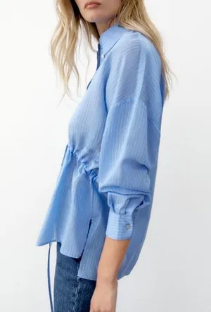 Zara Wrinkled Drawstring Waist Striped Shirt 4387/042/044 Blue White Size XL thumbnail 3