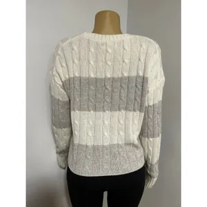 Aeropostale Womens Cable Knit Striped Sweater Cream Grey Crew Neck Pullover L thumbnail 3