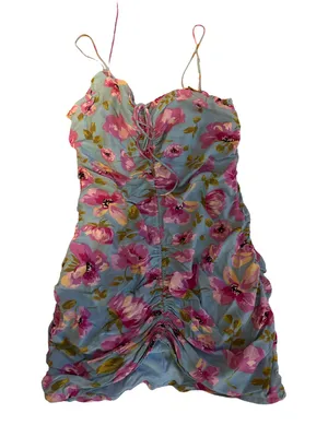 Zara Blue Floral Ruched Mini Dress with Pink Flowers thumbnail 1
