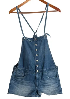 American Eagle Denim Overalls Romper Shorts Blue Size M Shortall‎ Distressed thumbnail 1