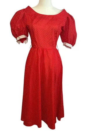 S.L. Fashions VTG 80s Polka Dot Puff Sleeve Midi Dress Red Size 9 thumbnail 1