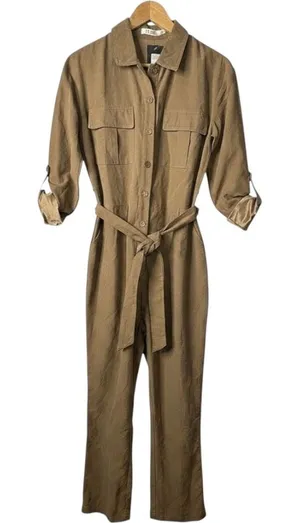 Nasty Gal Jumpsuit Womens M/L Tan Utility Tie Waist Long Sleeve Button Front New thumbnail 1