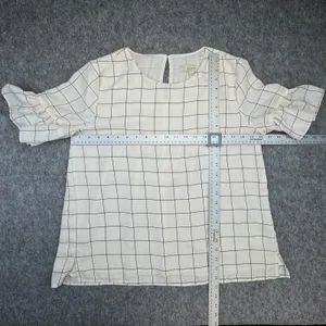 LOFT Top Sz M Ivory Plaid Round Neck Short Sleeve Keyhole Back Peplum Lined thumbnail 7