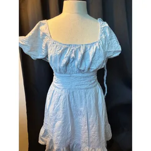 Sincerely Jules Light Blue Eyelet Mini Dress Puff Sleeve Tie Back‎ Smocked Waist thumbnail 6